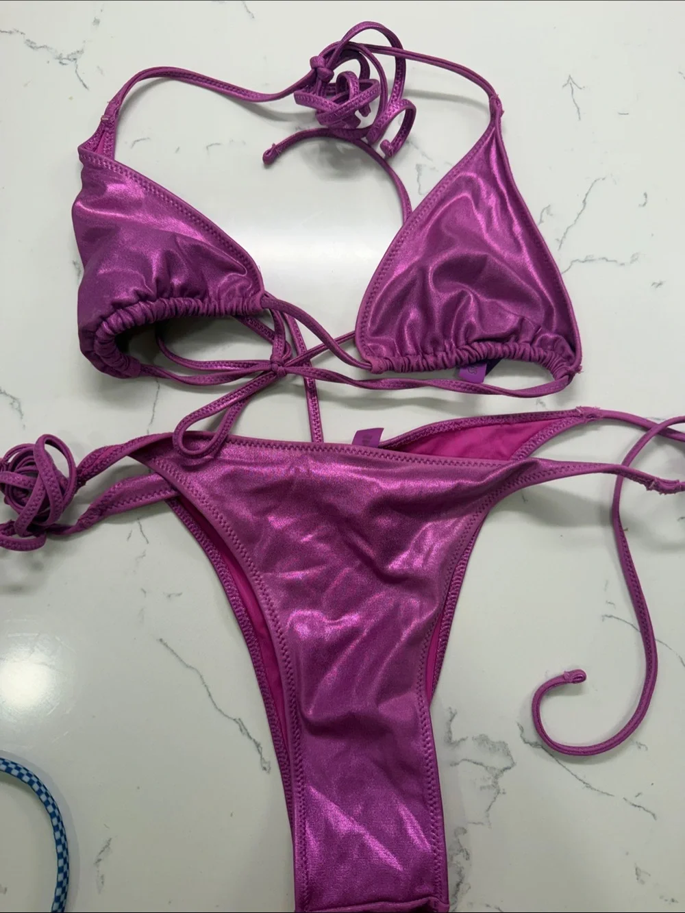 Shiny Magenta Triangle String Bikini